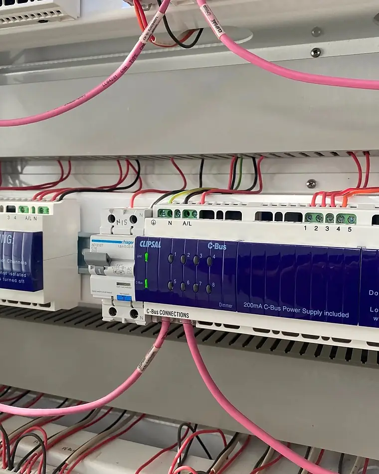 Clipsal C-Bus dimmer modules wired in a distribution board