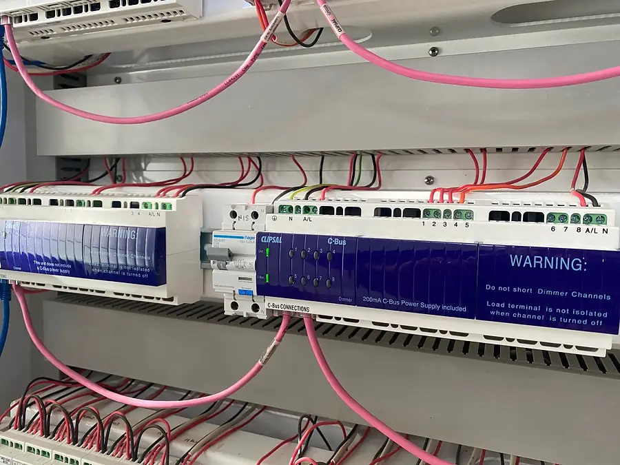 Clipsal C-Bus dimmer modules wired in a distribution board