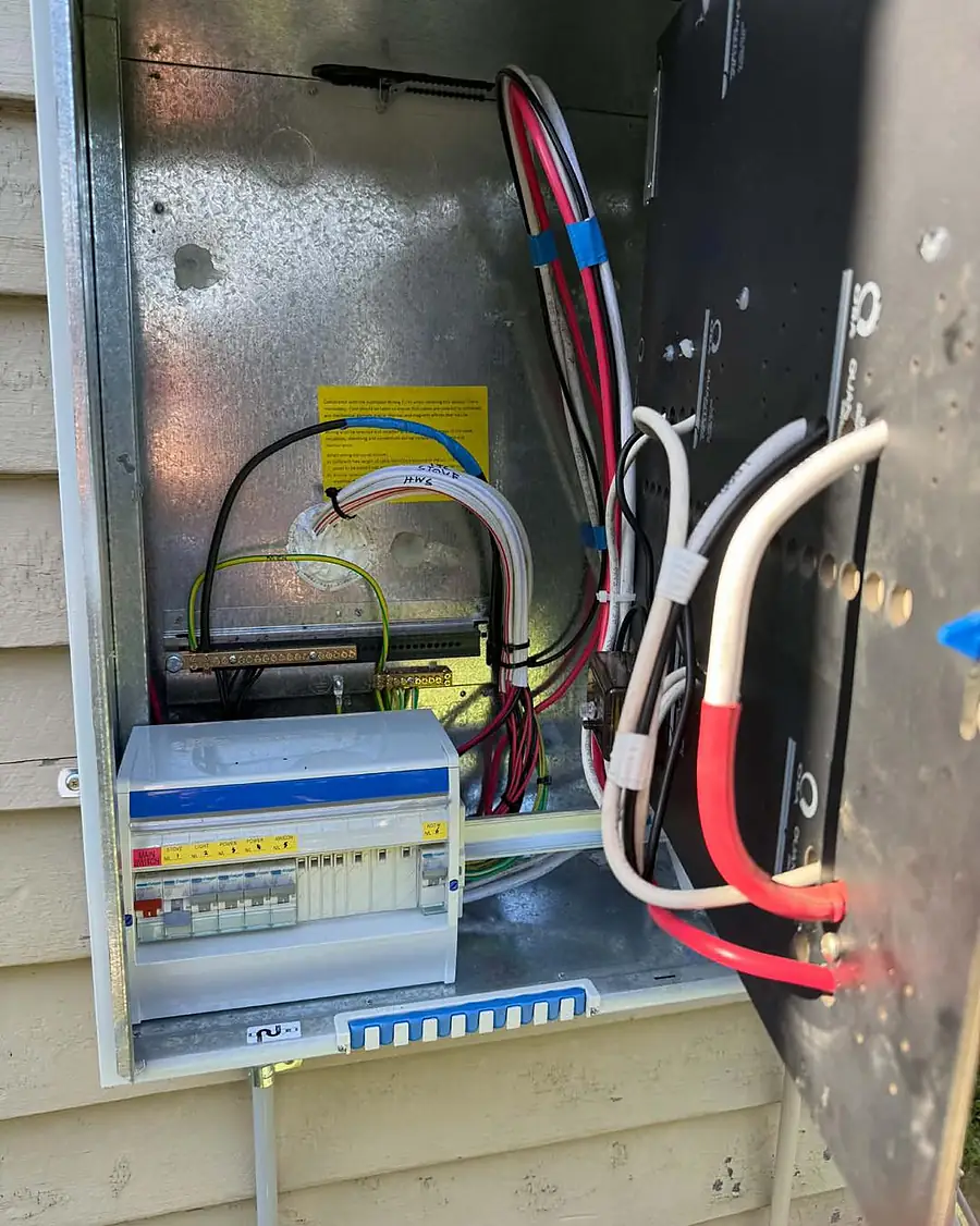 A newly wired switchboard in a meter box with neat cable runs