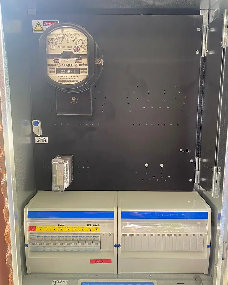 A meter box with a new twin switchboard fitted below the meter