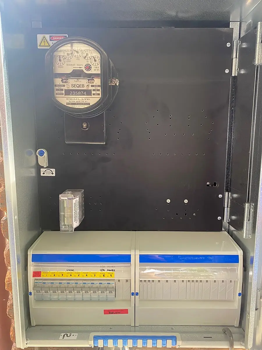 A meter box with a new twin switchboard fitted below the meter